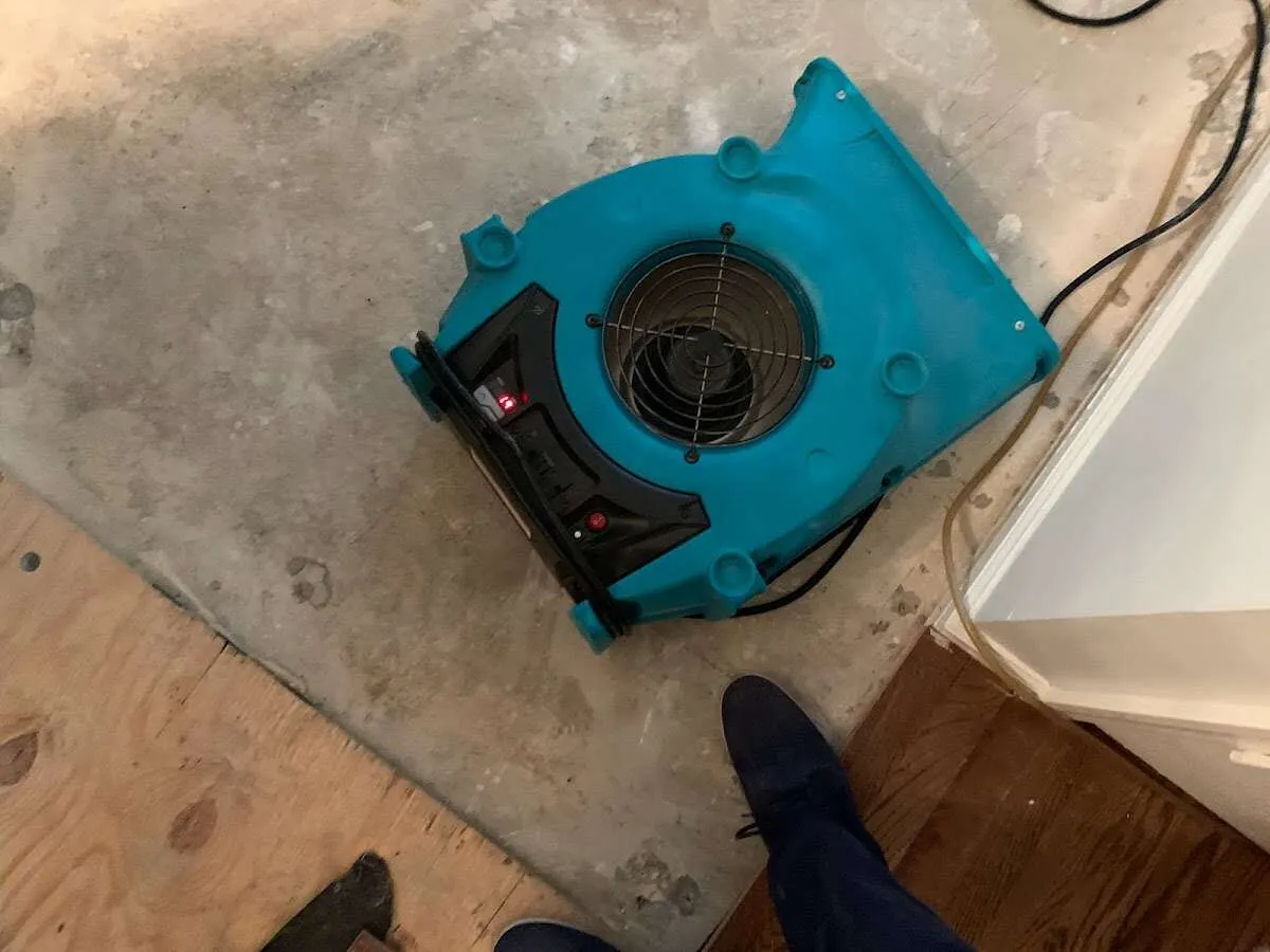 Air mover drying subfloor during Leak Detection & Repair in Waterbury